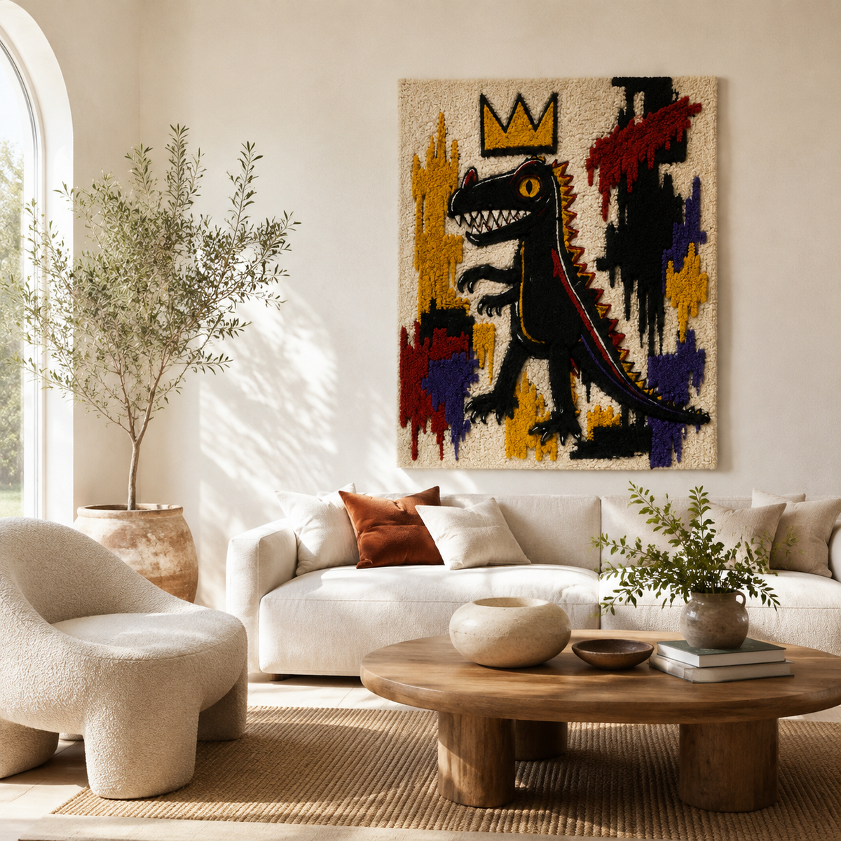 Hewn Earth Crowned City Dinosaur wall art featuring a colorful dinosaur illustration displayed on a room wall.