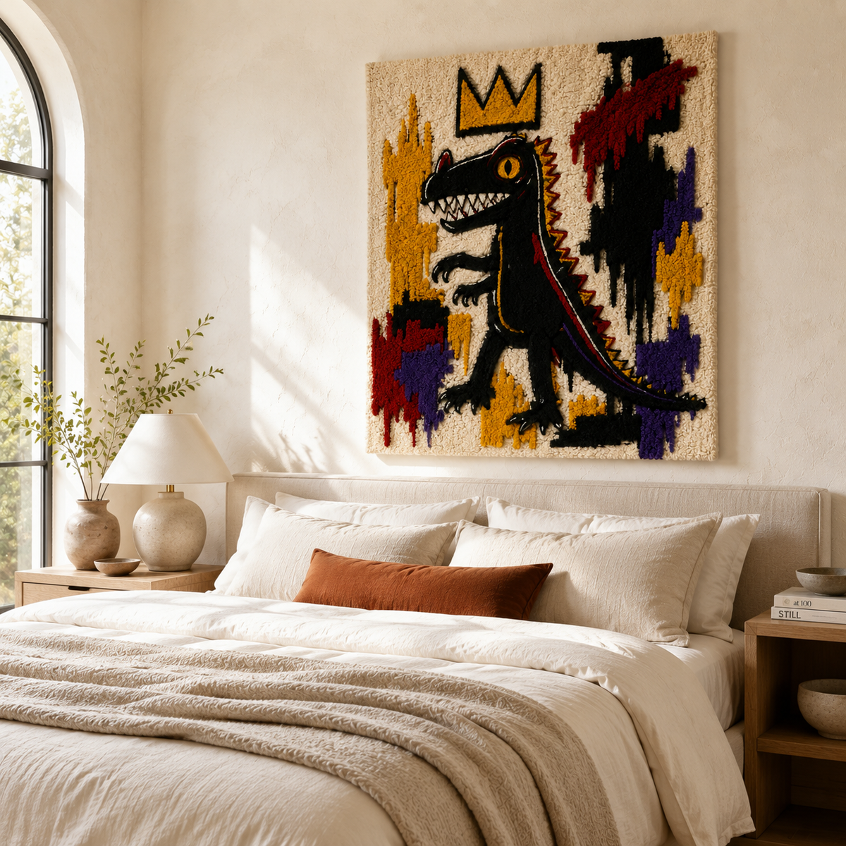 Crowned City Dinosaur wall art by Hewn Earth featuring a colorful dinosaur illustration on a textured background.