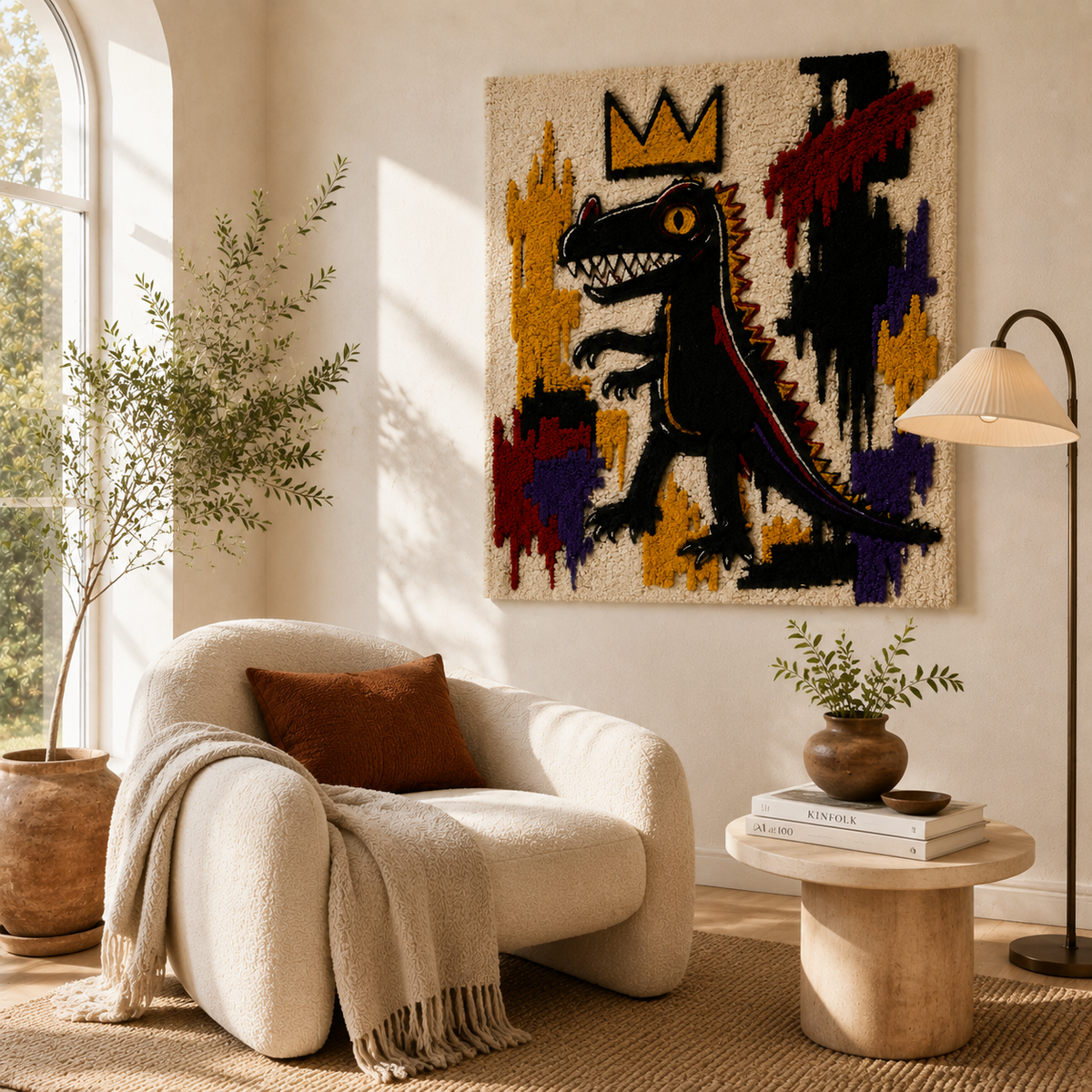 Hewn Earth crowned city dinosaur wall art featuring a colorful dinosaur with cityscape details on a vibrant background.