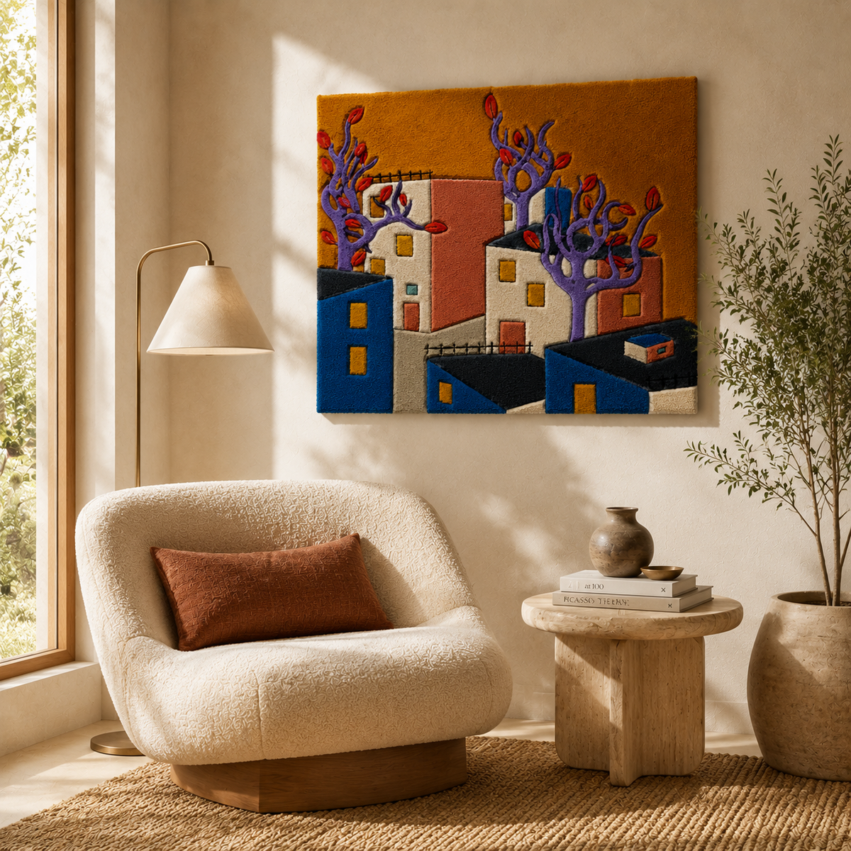 Violet Flame Village wall art by Hewn Earth, featuring colorful abstract village scene on canvas or print.