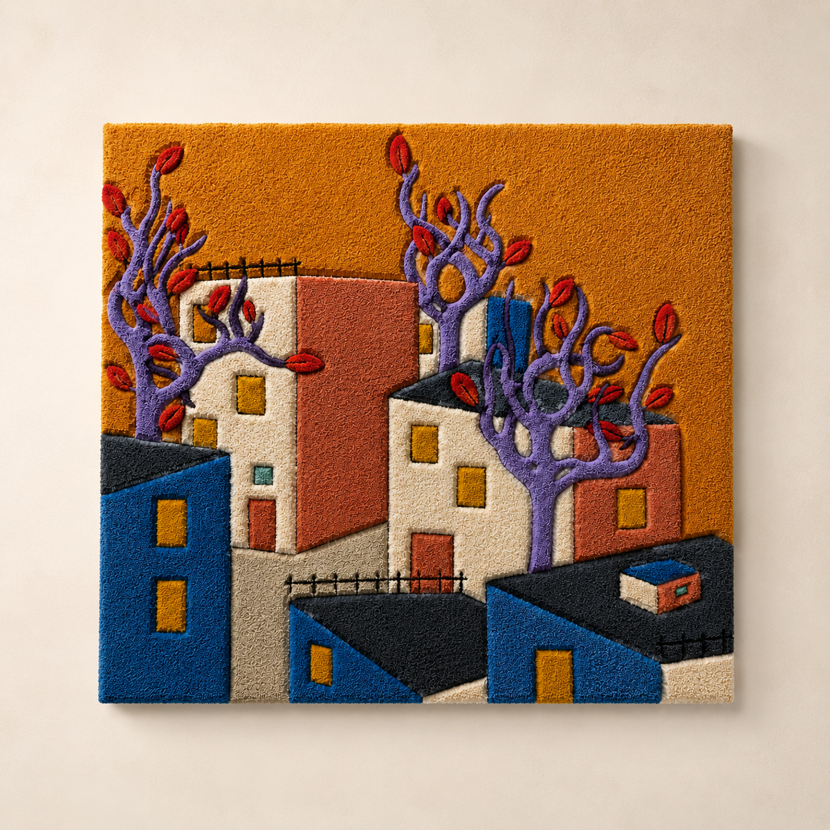 Violet Flame Village wall art by Hewn Earth, featuring vibrant purple and orange flames with a scenic village background.