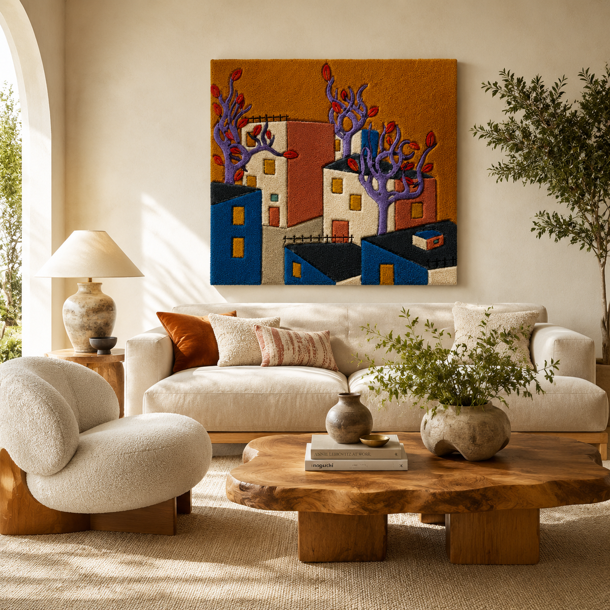 Violet Flame Village wall art by Hewn Earth featuring vibrant purple and orange flames with detailed village scenery in a framed design.