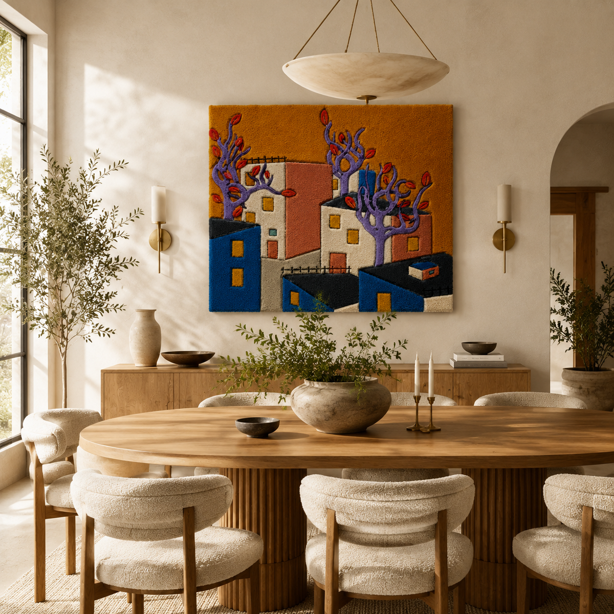 Violet Flame Village wall art by Hewn Earth featuring vibrant violet and warm tones in a scenic village landscape.
