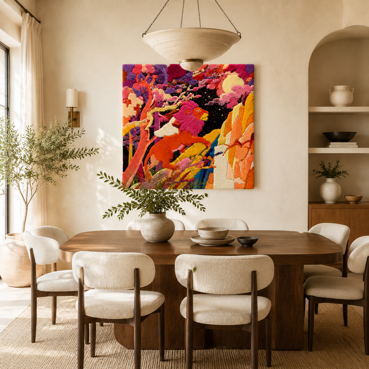Fuchsia-colored Hewn Earth Figure Grove wall art featuring abstract floral design on a neutral background.