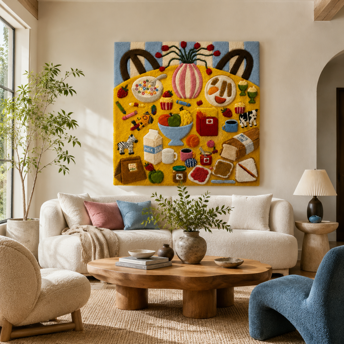 Hewn Earth Market Tote Feast wall art featuring a colorful, detailed illustration of a market tote filled with fresh produce.