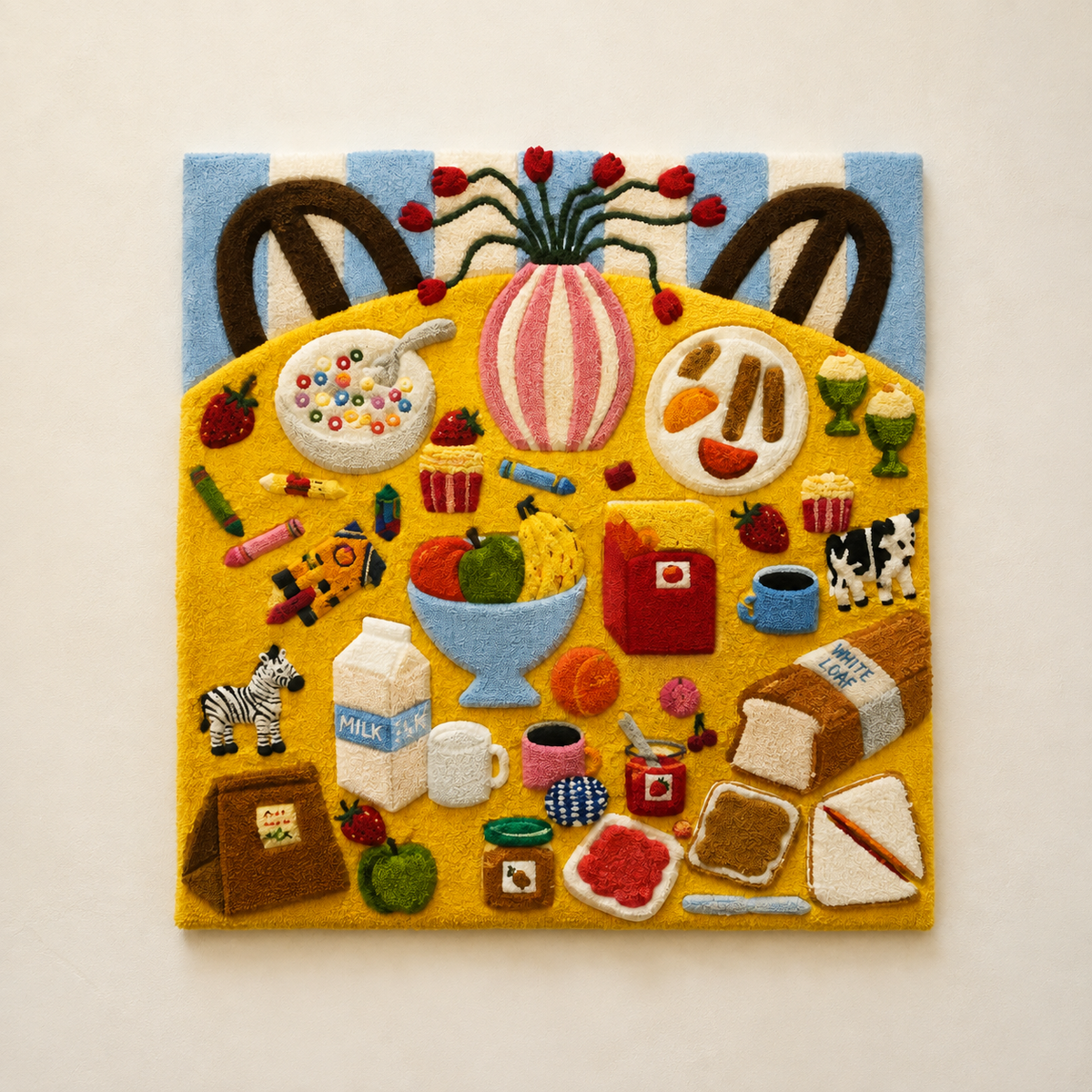 Hewn Earth Market Tote Feast wall art featuring a colorful, detailed illustration of a market tote with fresh produce and vibrant design.