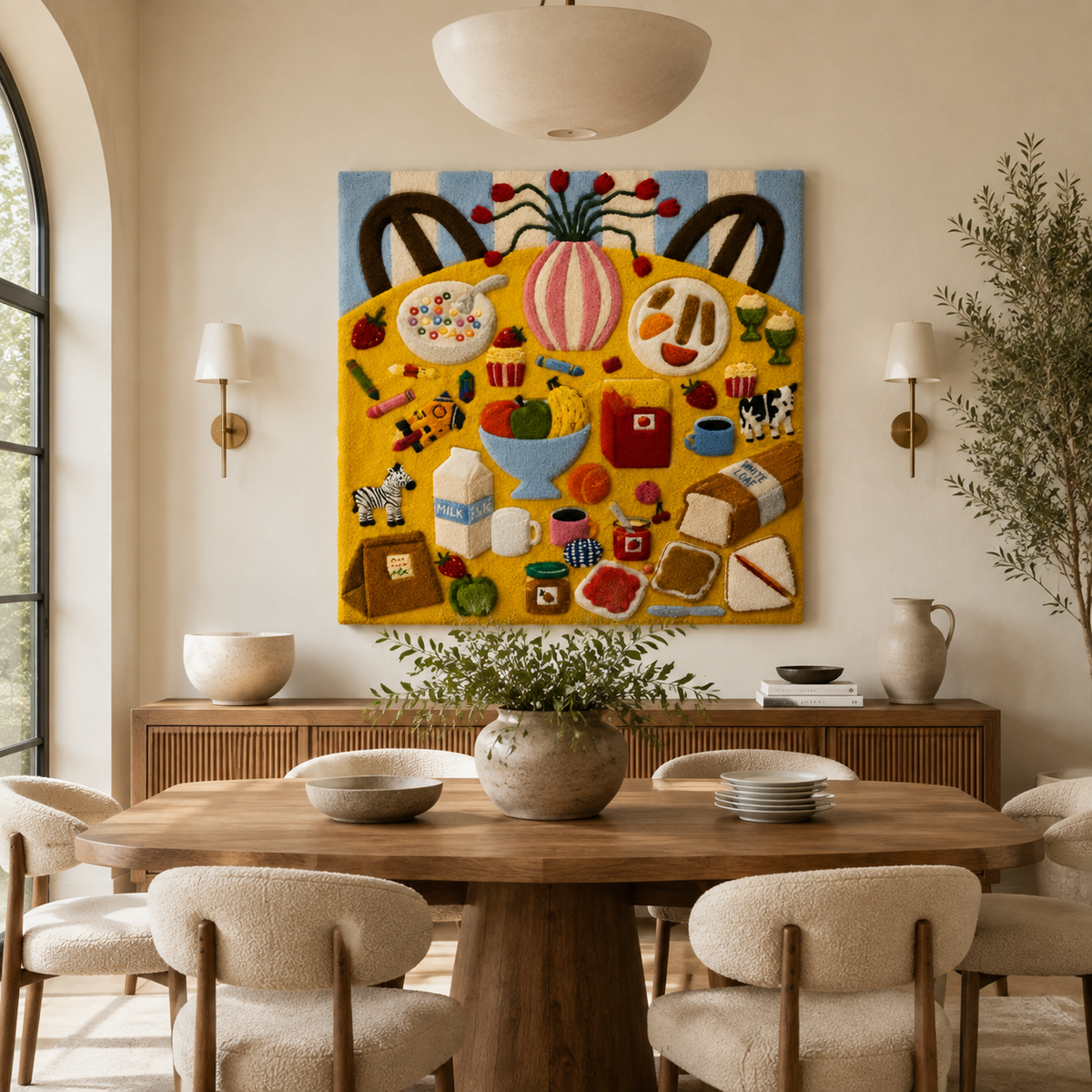 Hewn Earth Market Tote Feast wall art featuring colorful illustrations of tote bags and market produce on a white background.