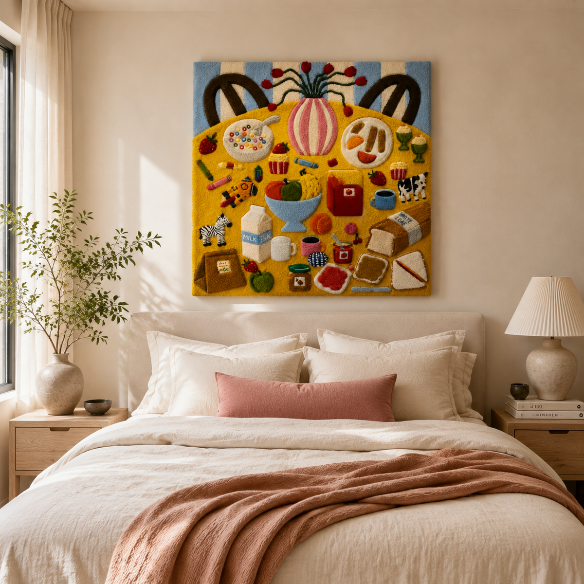 Hewn Earth Market Tote Feast wall art featuring a vibrant, detailed illustration of a market tote filled with fresh produce.