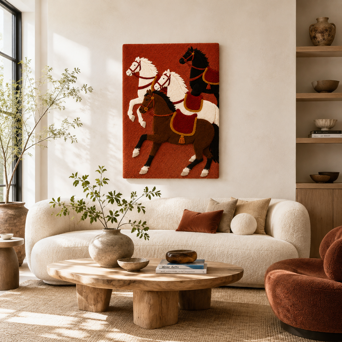 Terracotta Cavalcade at Dusk wall art by Hewn Earth showing a warm-toned, detailed scene of horses at sunset on a textured canvas