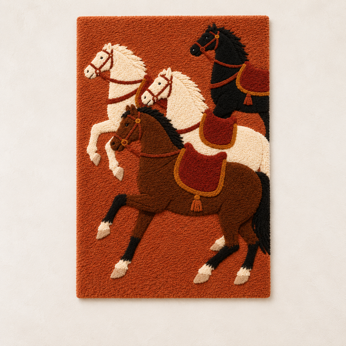 Terracotta wall art titled Cavalcade at Dusk by Hewn Earth, featuring a warm, detailed scene of horse riders at sunset.