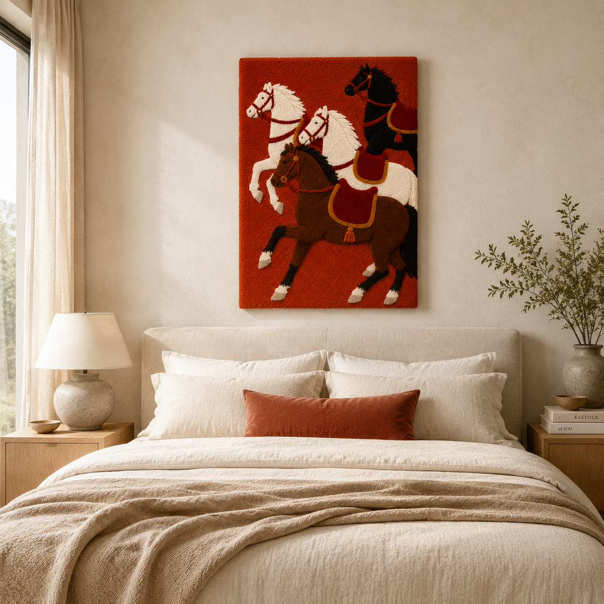 Hewn Earth wall art titled "Terracotta Cavalcade at Dusk" featuring a sunset scene with warm terracotta tones and silhouetted figures.