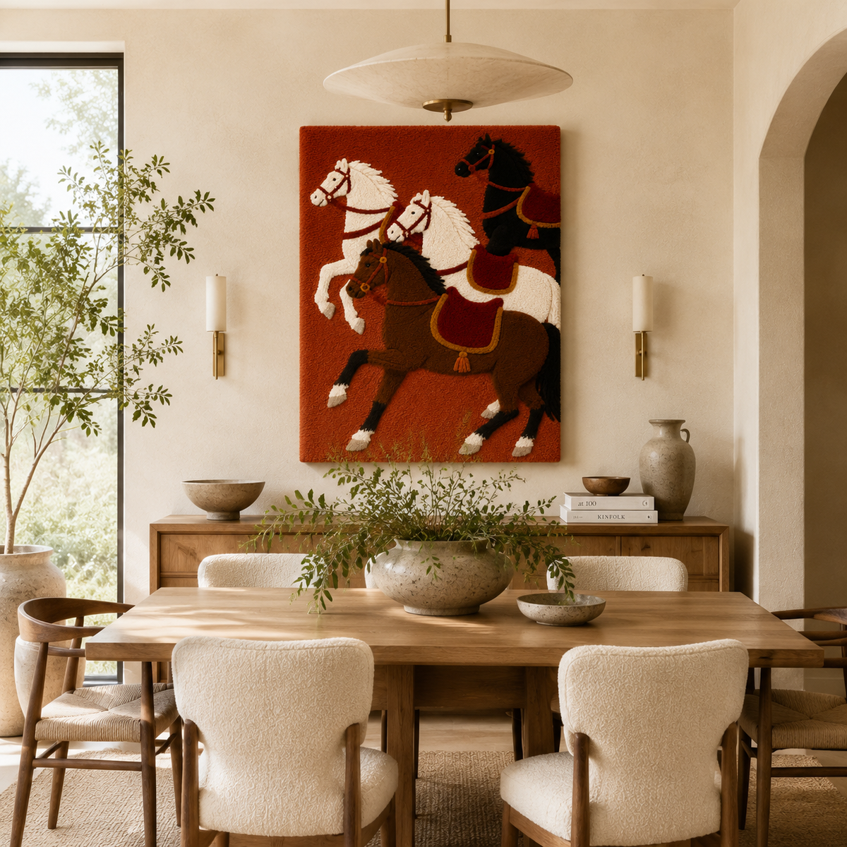 Hewn Earth wall art depicting a terracotta horse silhouette against a dusk sky, suitable for rustic or modern decor.