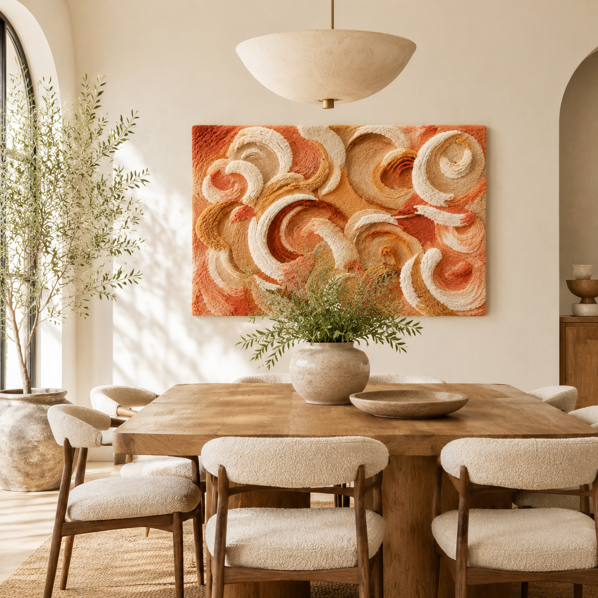 Hewn Earth Apricot Tidal Ribbons wall art featuring flowing, abstract apricot-colored ribbons on a neutral background.
