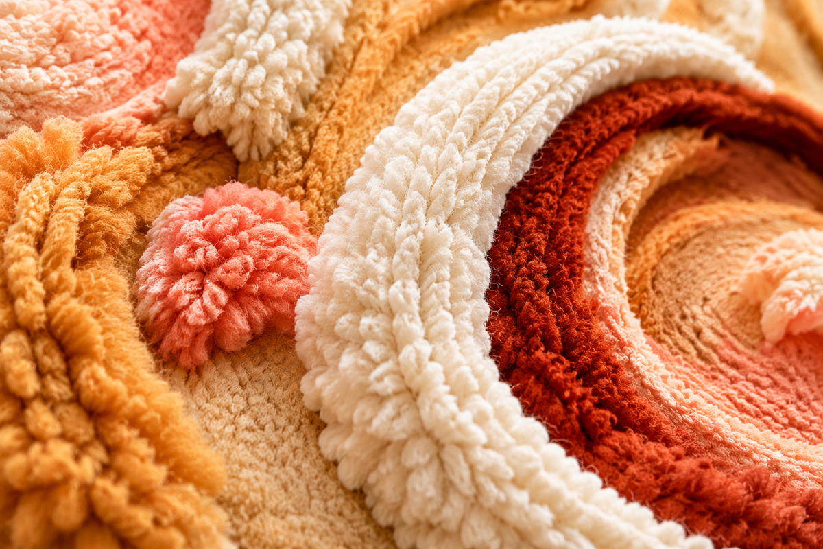 Close-up of Apricot Tidal Ribbons wall art by Hewn Earth, showcasing textured fabric ribbons with warm apricot tones and intricate details.