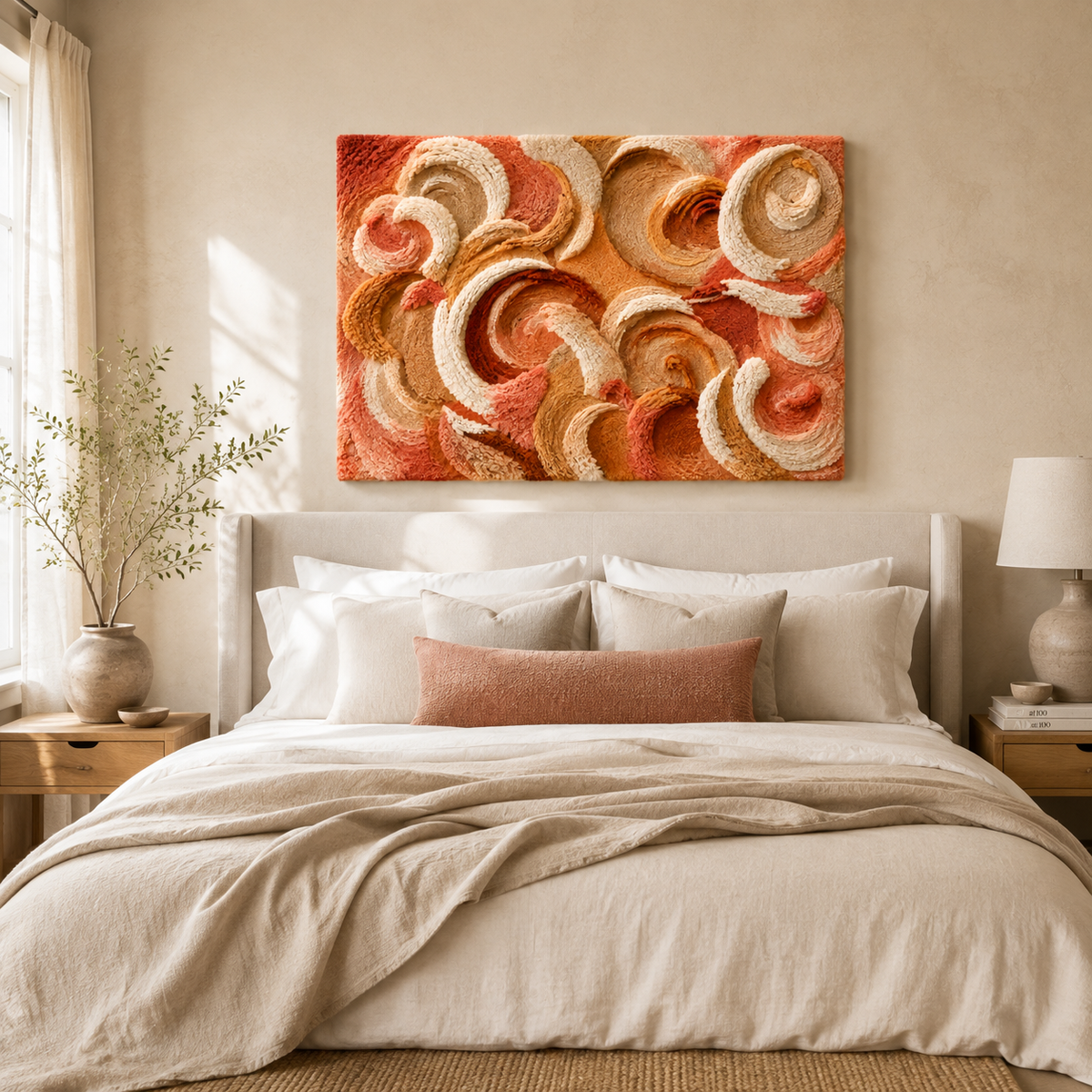 Apricot-colored Tidal Ribbons wall art by Hewn Earth featuring flowing abstract ribbon design on a neutral background.