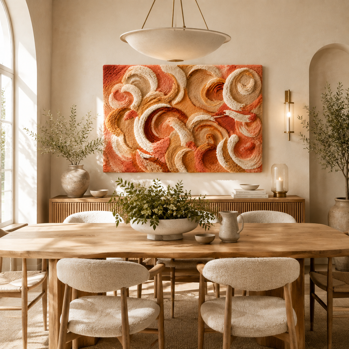 Apricot Tidal Ribbons wall art by Hewn Earth featuring flowing apricot-colored ribbons on a neutral background.