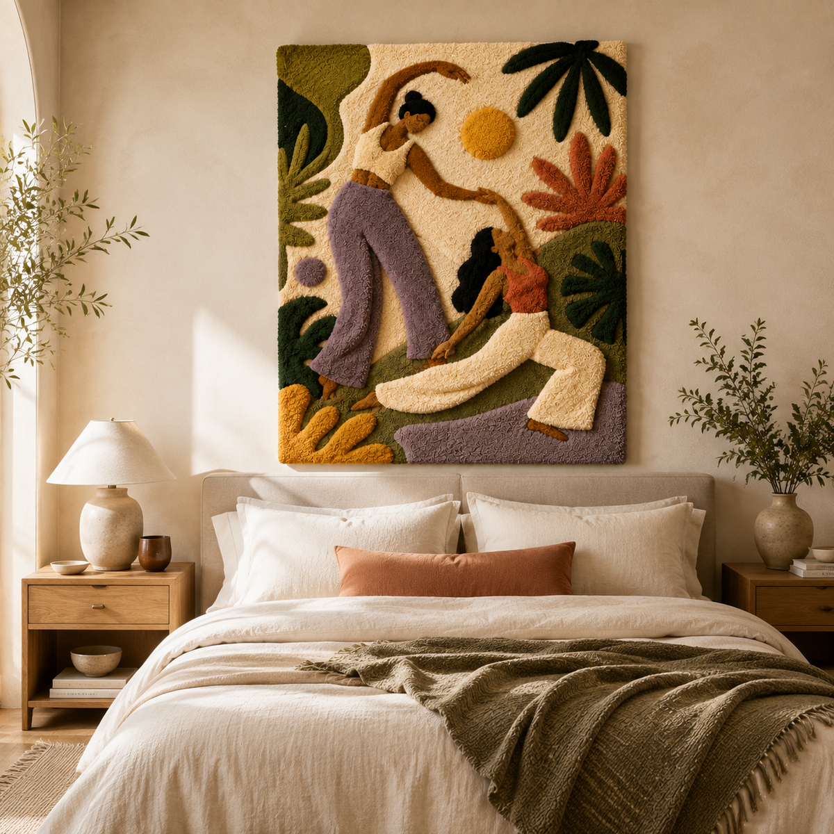Hewn Earth wall art featuring a garden conversation scene under tall palm trees, decorative botanical wall decor.