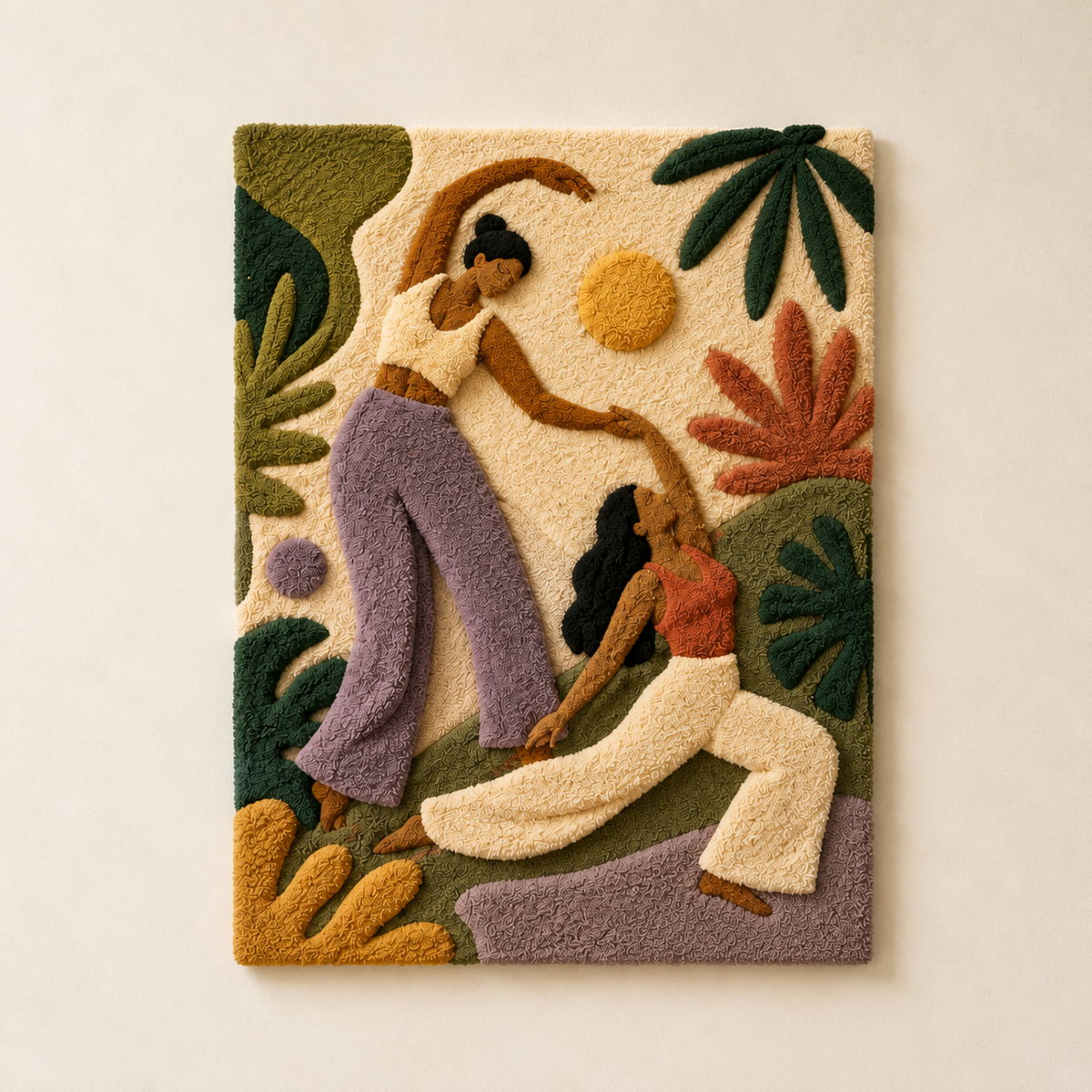 Hewn Earth garden conversation wall art featuring a lush scene with palms, ideal for outdoor decor.