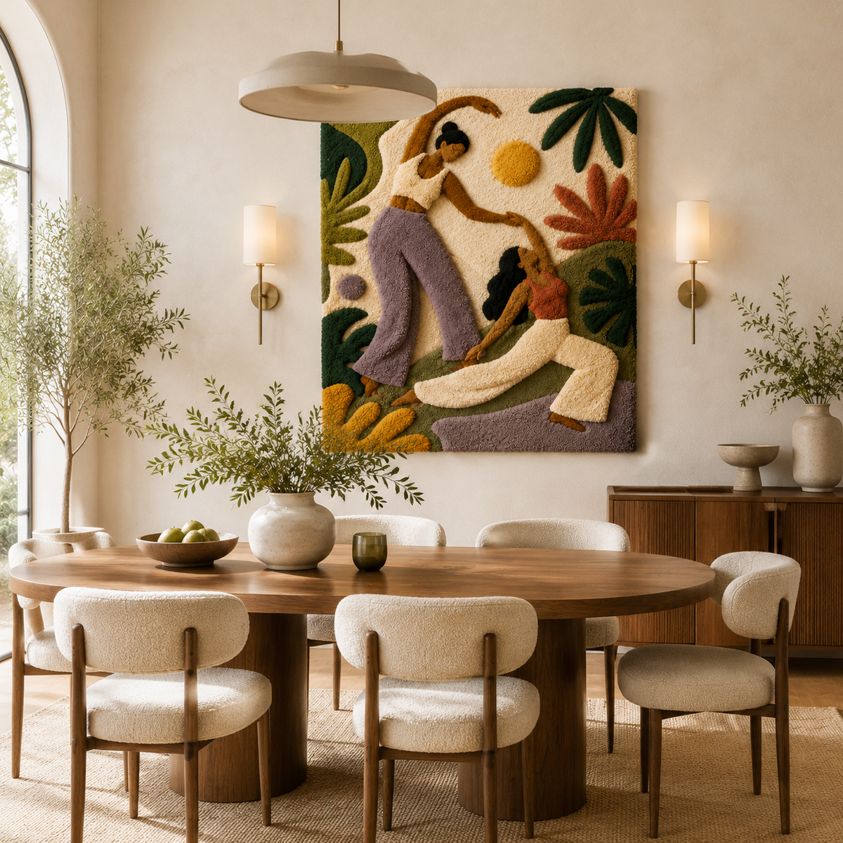 Hewn Earth wall art featuring a garden conversation scene under palm trees, ideal for outdoor or indoor decorative spaces.