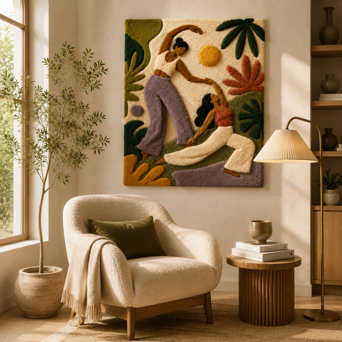 Wall art featuring a garden conversation under palms by Hewn Earth, showcasing a lush outdoor scene with vibrant greenery.