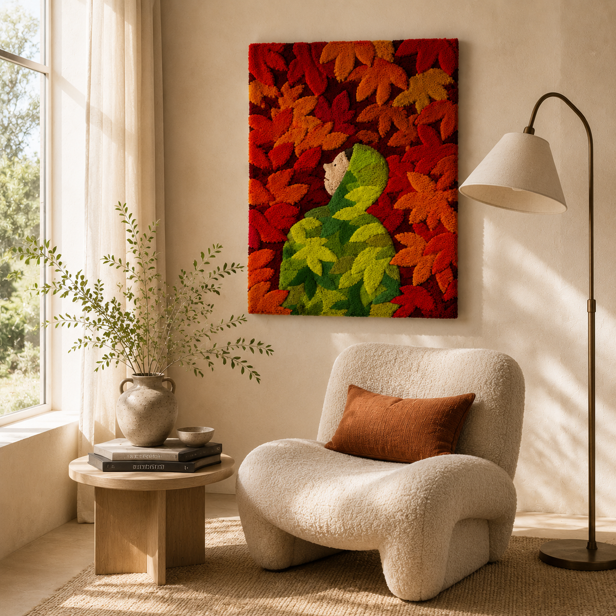 Hewn Earth Autumn Canopy Path wall art depicting a vibrant forest scene with colorful autumn leaves on a wall.
