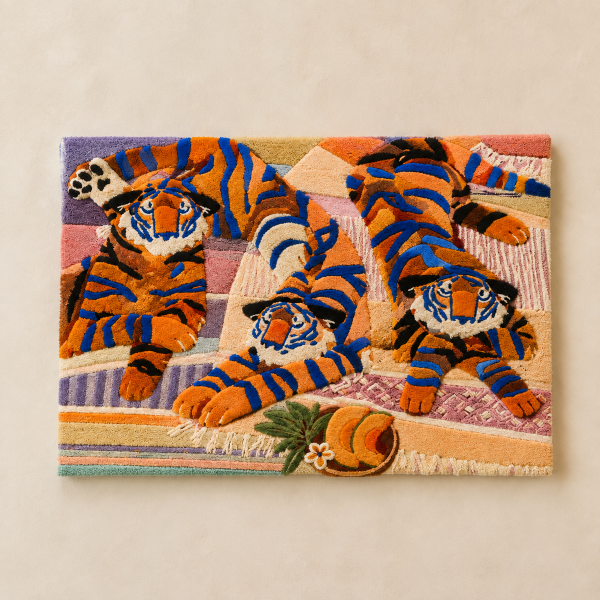 Indigo Tiger Thicket wall art by Hewn Earth featuring vibrant tiger and jungle foliage in a colorful, detailed design.