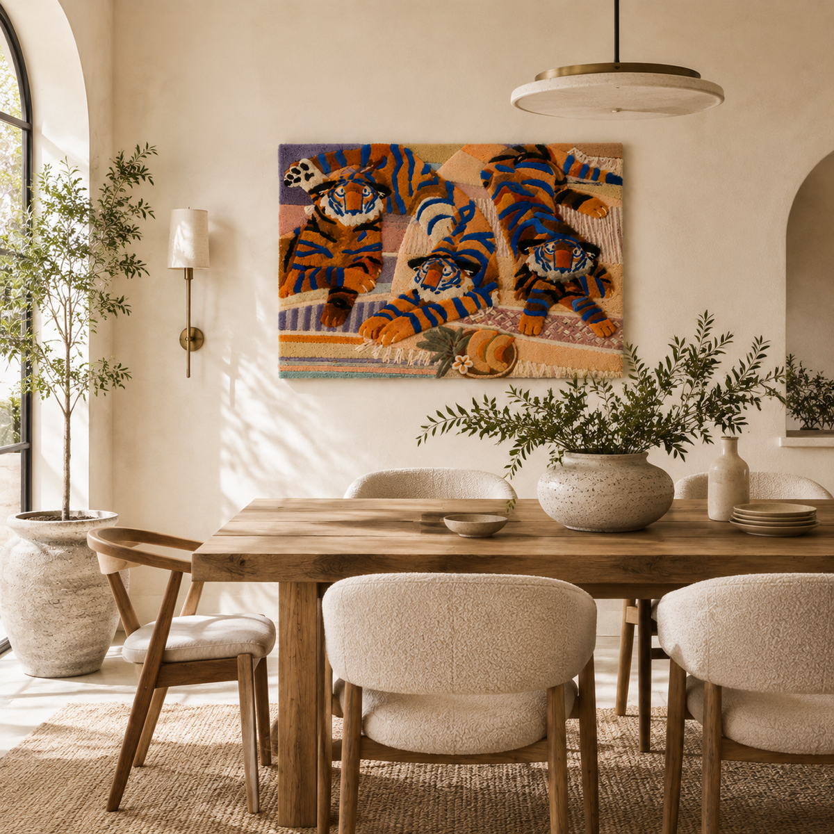 Indigo Tiger Thicket wall art by Hewn Earth featuring vibrant tiger images and lush foliage in rich indigo tones.