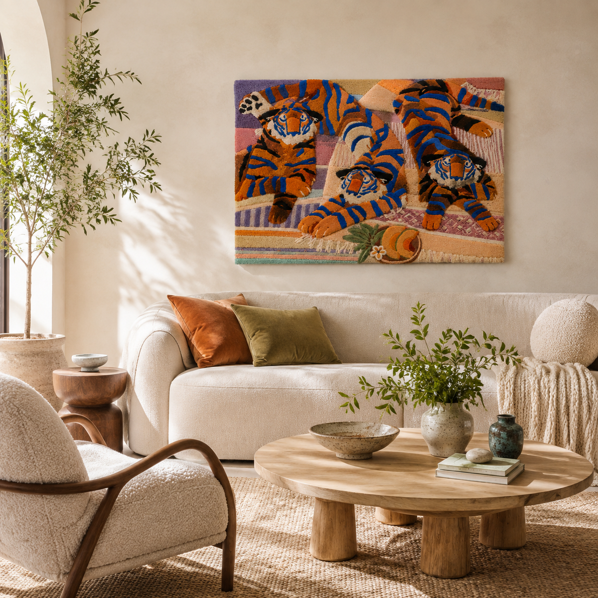 Indigo Tiger Thicket wall art by Hewn Earth, featuring vibrant tiger imagery with lush foliage in rich indigo tones.