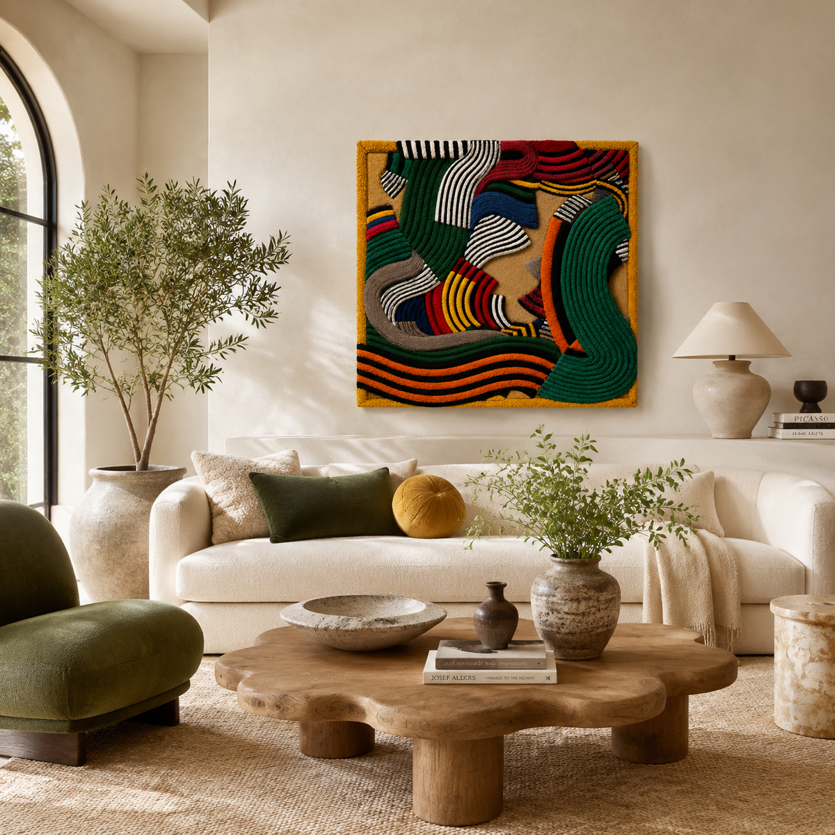 Emerald Rhythm Figures wall art by Hewn Earth, featuring abstract green and gold geometric shapes displayed on a modern room wall.