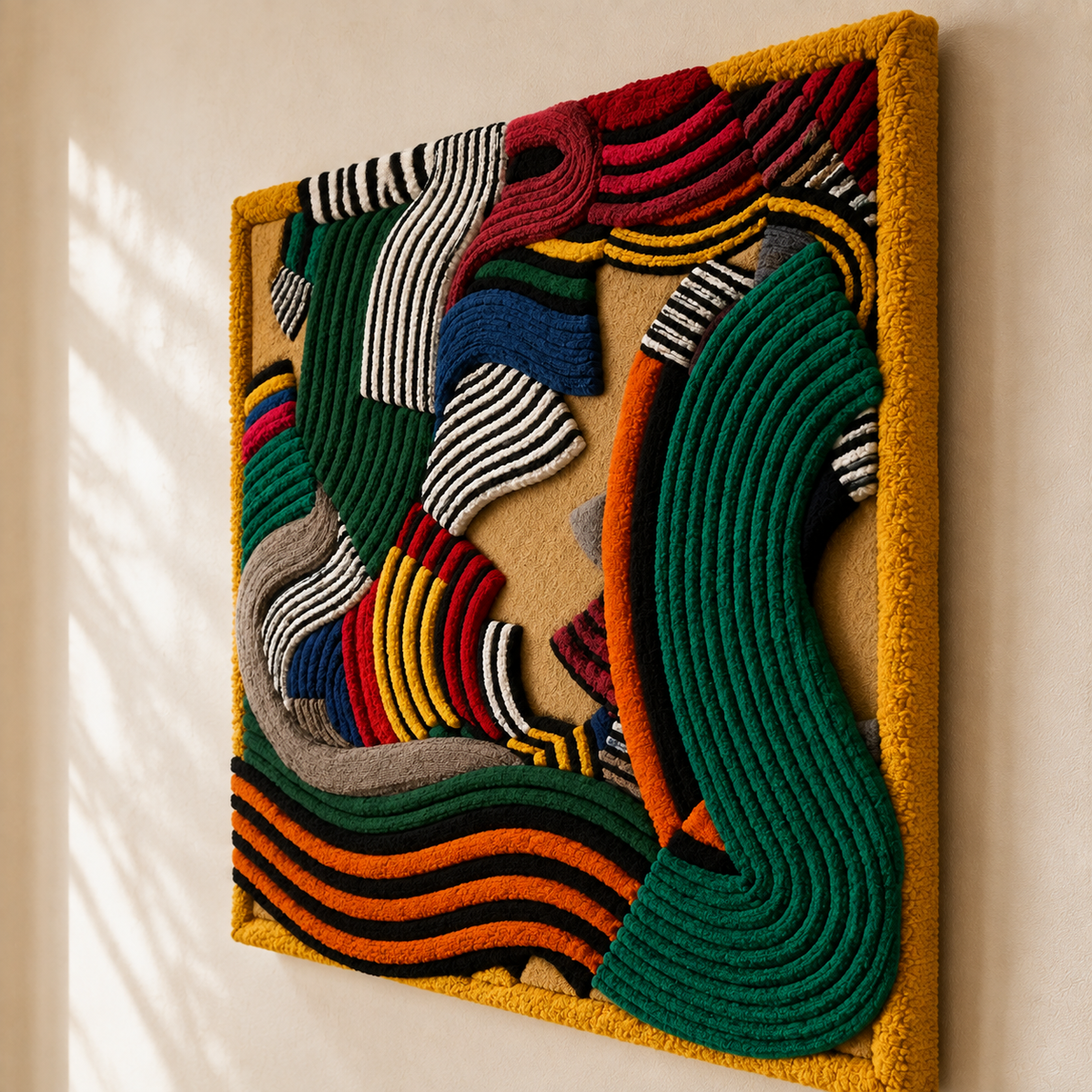 Emerald Rhythm Figures wall art by Hewn Earth featuring abstract green and gold shapes on a light background.