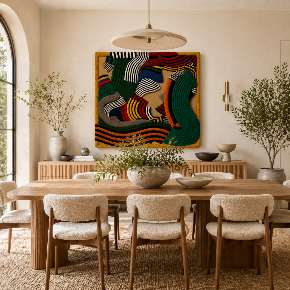 Colorful Emerald Rhythm Figures wall art by Hewn Earth featuring abstract geometric shapes on a neutral background.