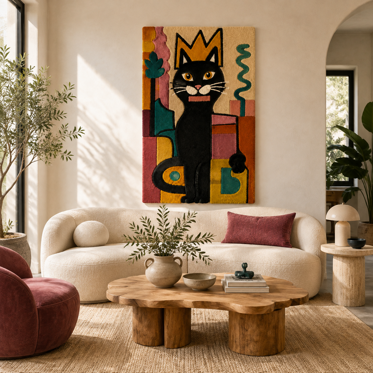Black cat wall art with a crown design by Hewn Earth, displayed on a wall in a modern room setting.