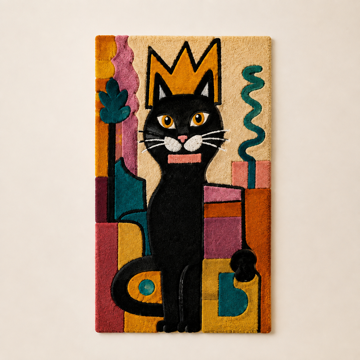 Black cat wall art with a crown design by Hewn Earth, featuring a dark feline illustration on a light background.