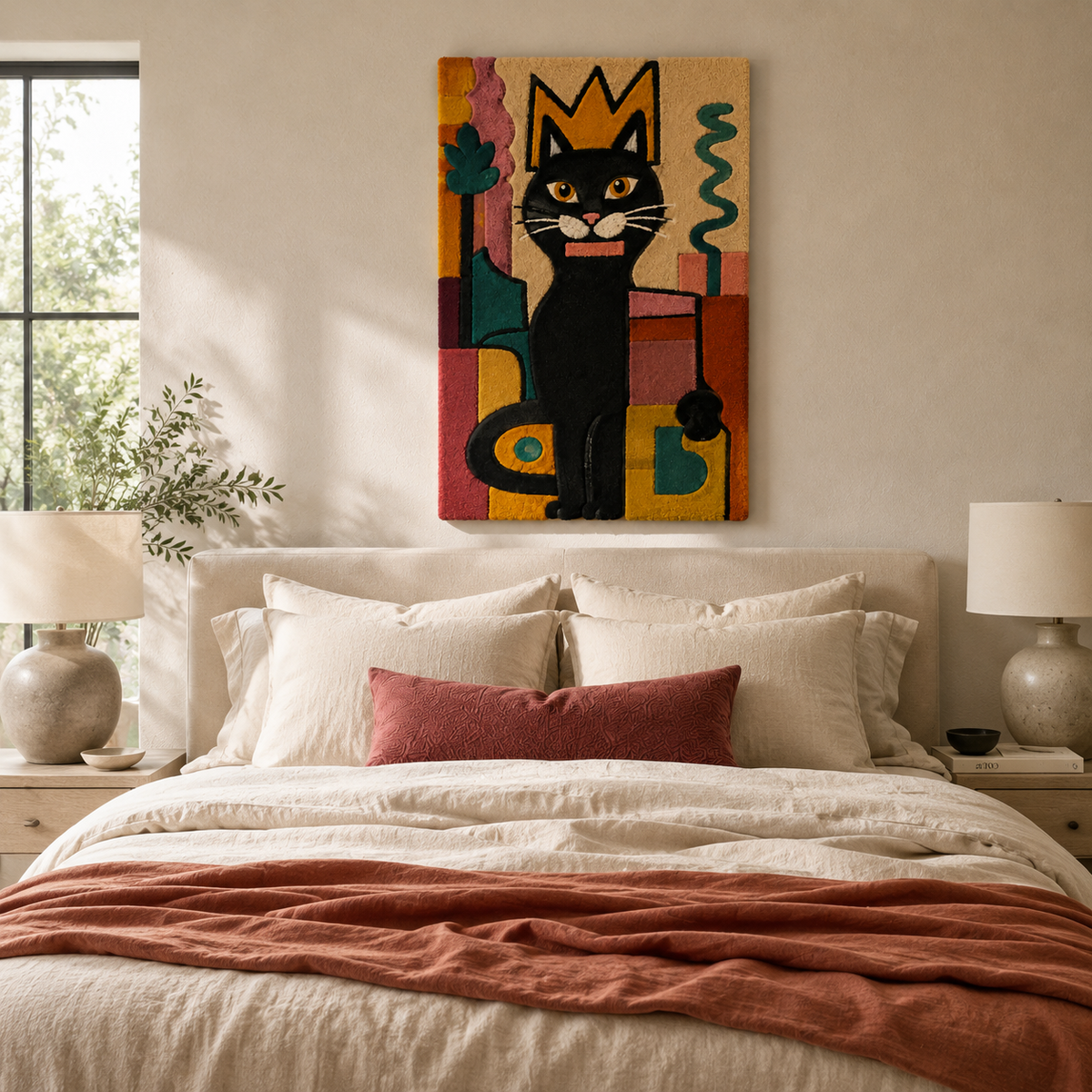 Black cat wall art by Hewn Earth featuring a crowned black cat illustration on a neutral background.