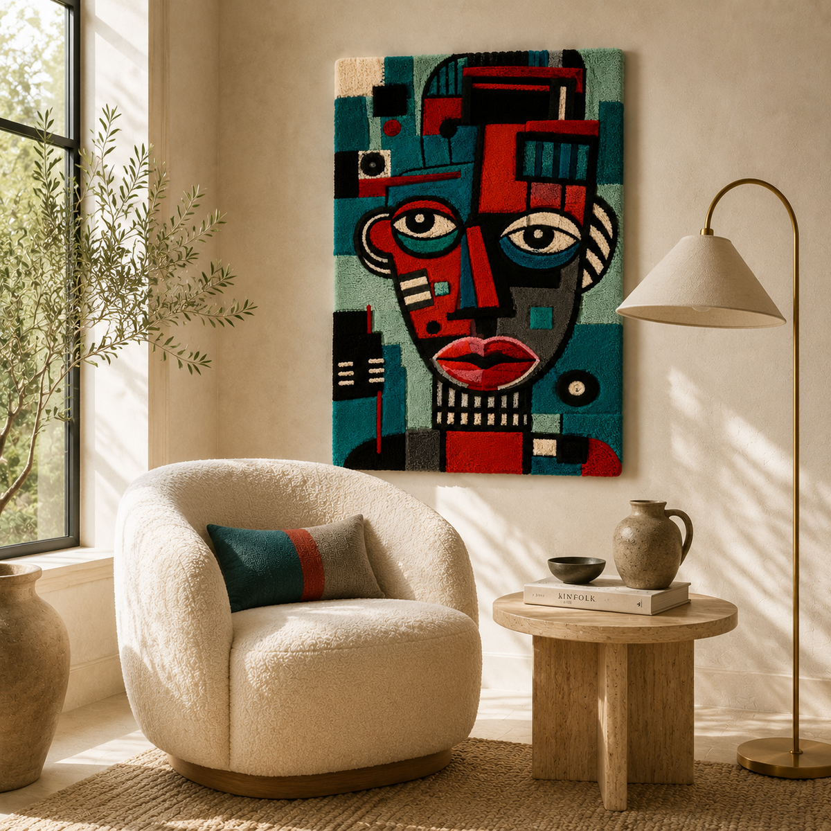 Teal Signal Portrait wall art by Hewn Earth, featuring abstract teal and neutral tones, displayed on a modern room wall.