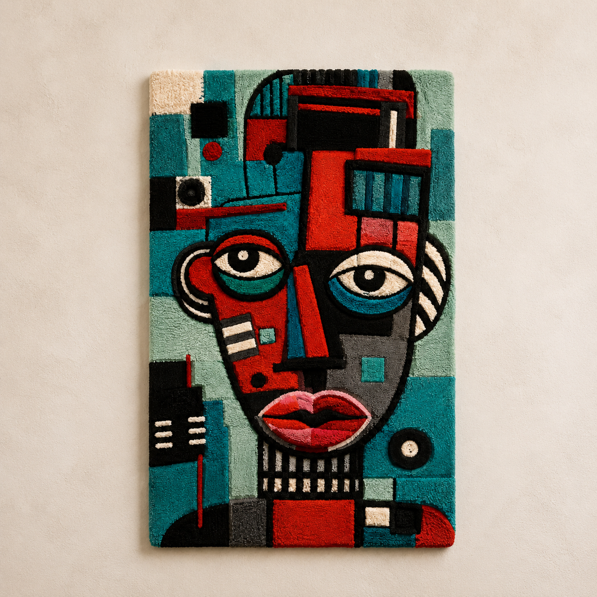 Hewn Earth Teal Signal Portrait wall art featuring abstract teal and beige tones, suitable for modern interior decor.