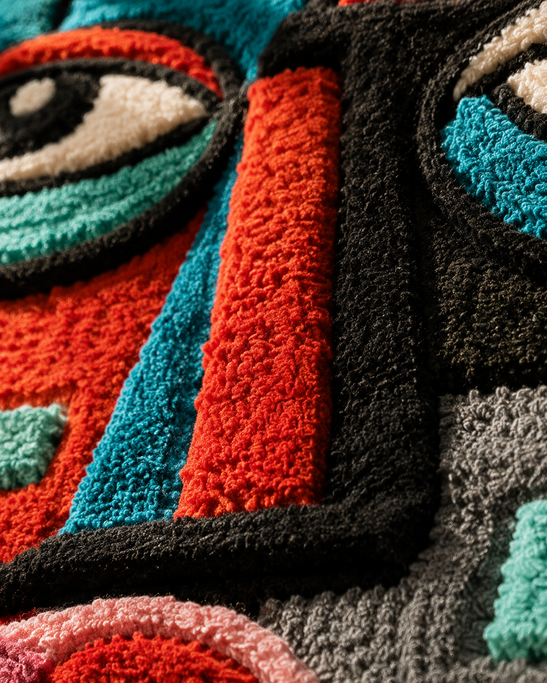 Close-up of Hewn Earth teal signal portrait wall art with textured details and vibrant teal hues.