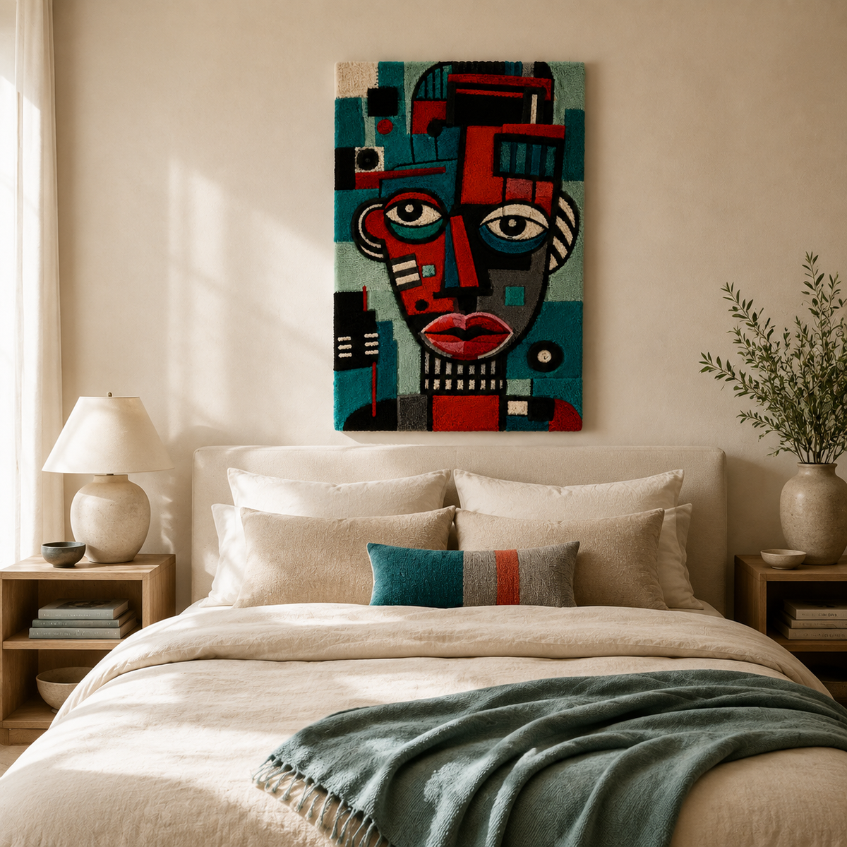 Teal Signal Portrait wall art by Hewn Earth featuring abstract geometric design on a framed canvas.