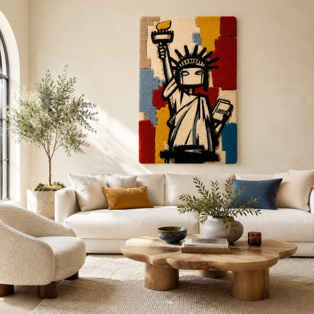 Colorful Hewn Earth Liberty in Color wall art featuring abstract design on a neutral background.