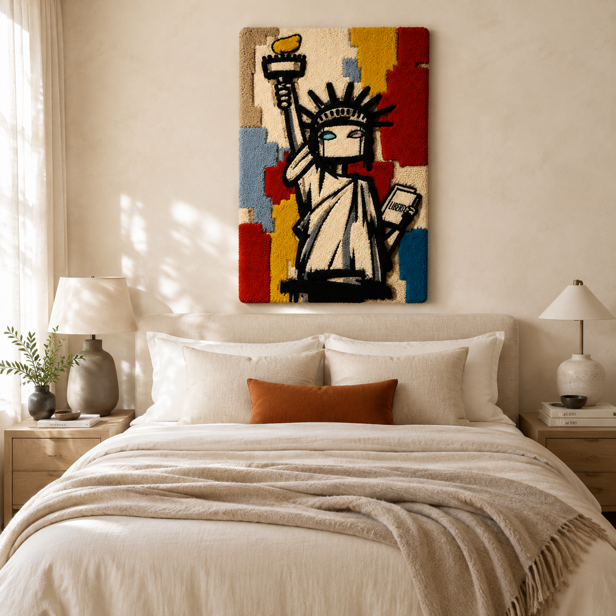 Colorful Liberty-themed wall art by Hewn Earth featuring vibrant abstract designs on a canvas.