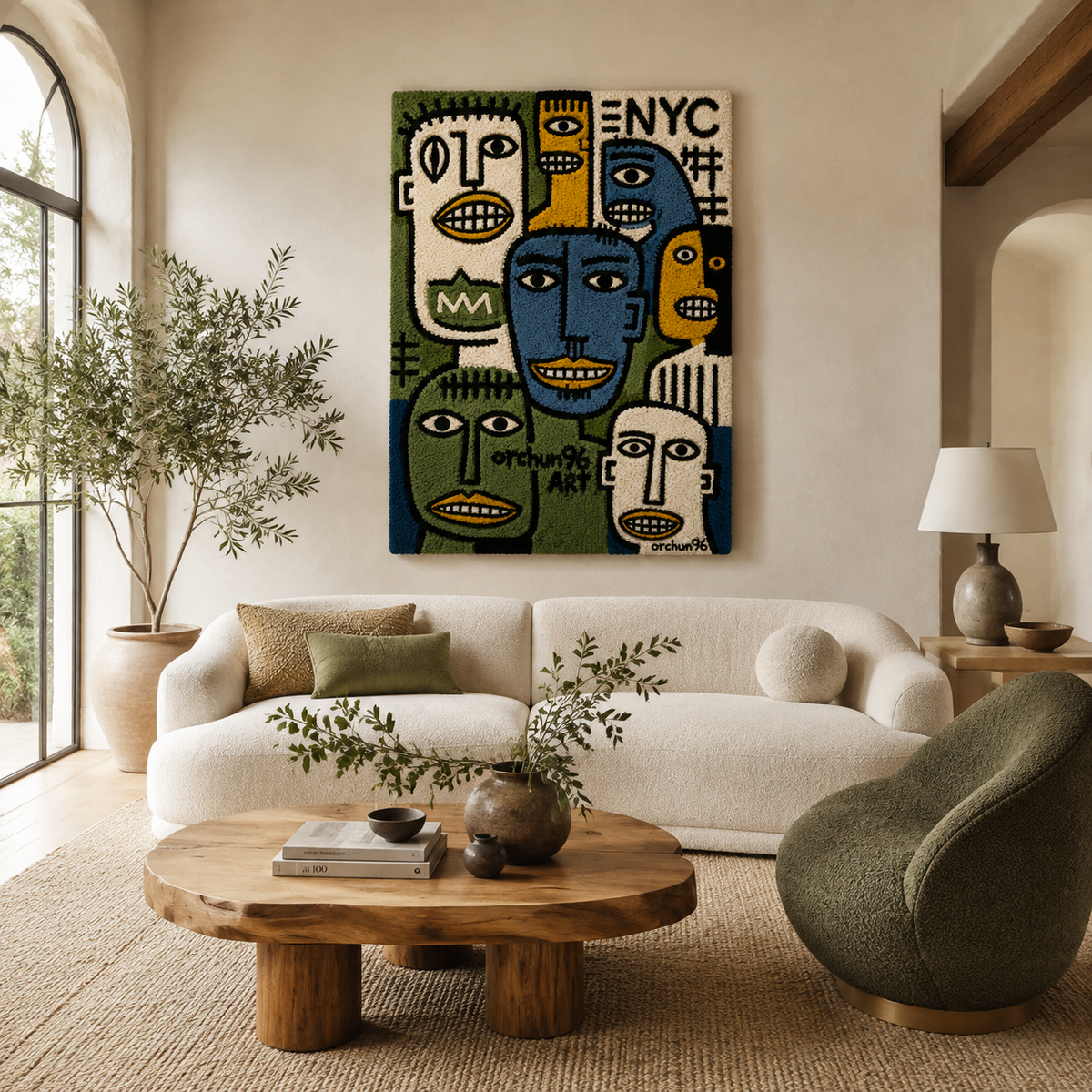 Colorful wall art titled Midnight City Faces by Hewn Earth featuring vibrant cityscape and abstract face designs.
