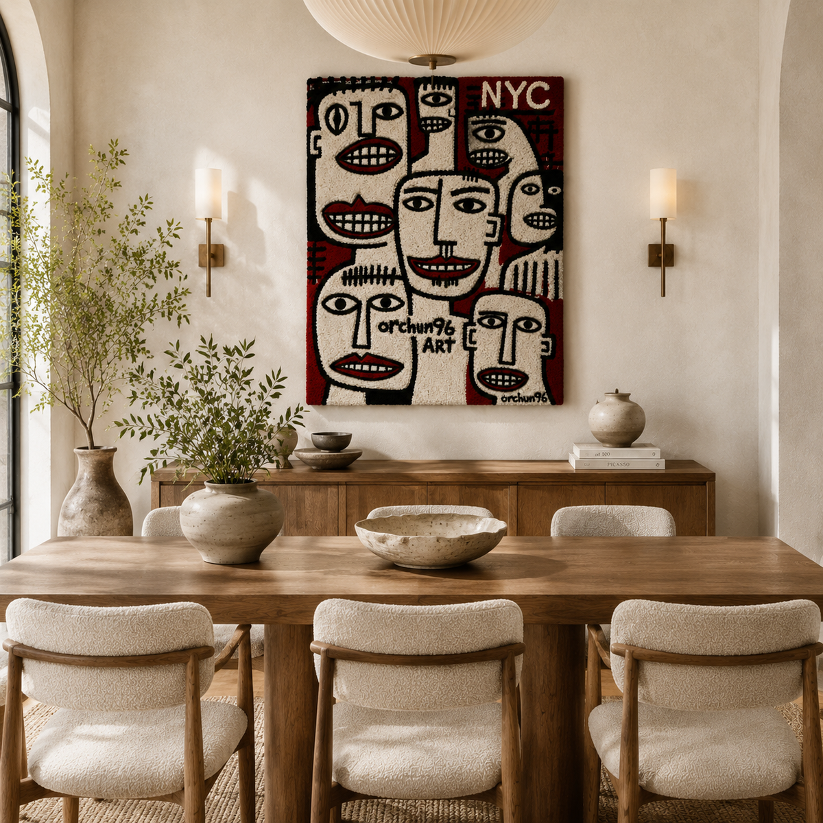 Crimson City Chorus wall art by Hewn Earth featuring vibrant cityscape design in bold crimson tones.
