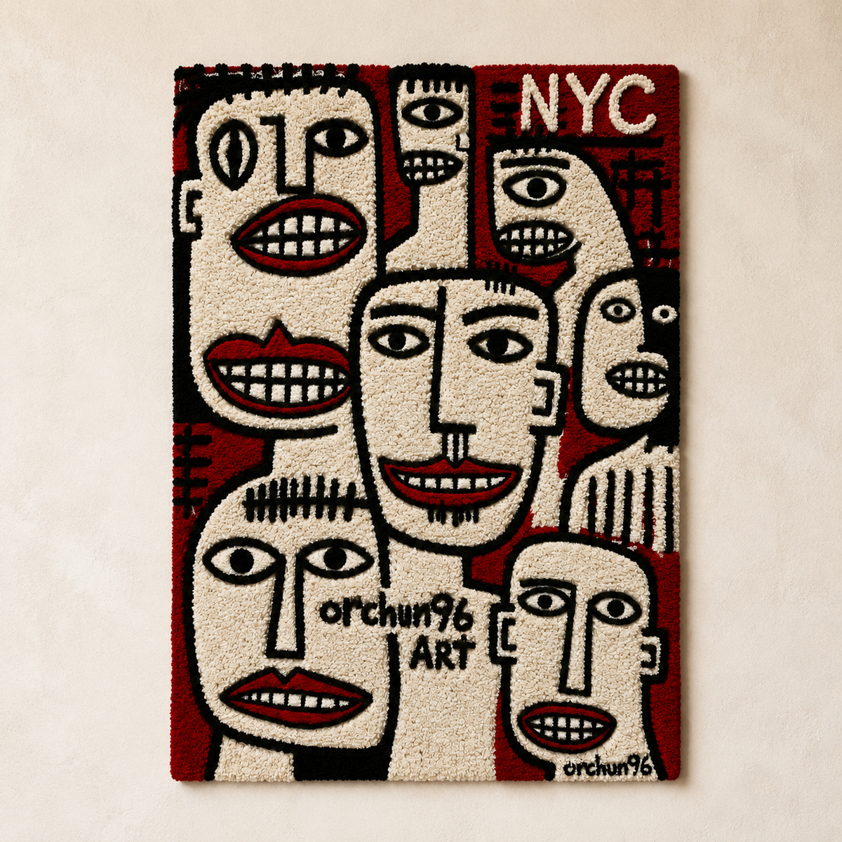 Crimson City Chorus Hewn Earth wall art featuring a vibrant, abstract cityscape design on a light background.