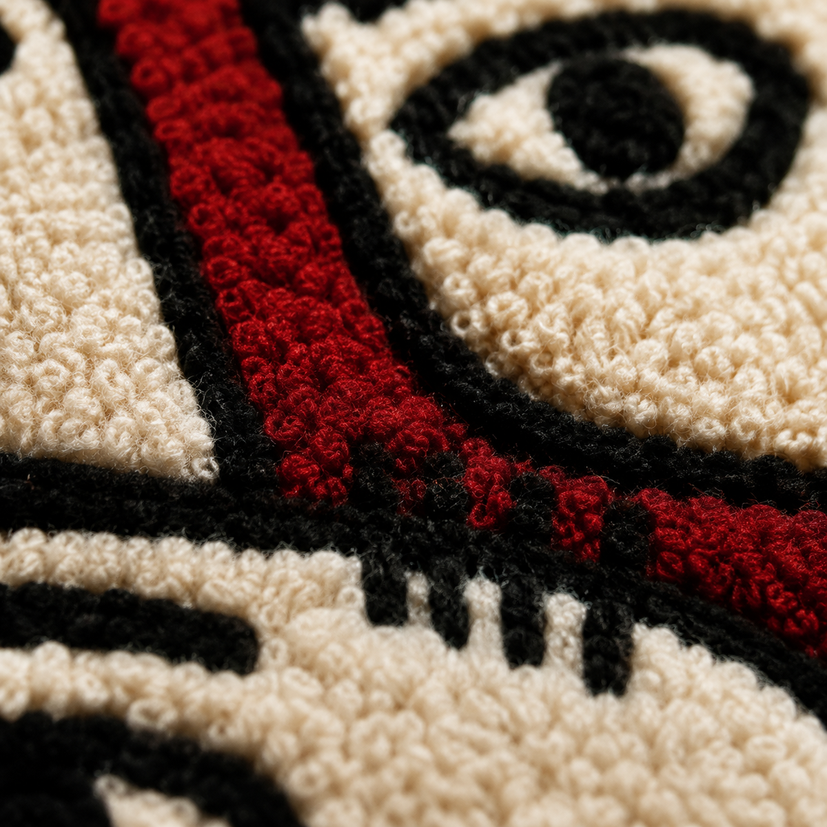 Close-up of Crimson City Chorus wall art by Hewn Earth showcasing intricate design and vibrant crimson colors.