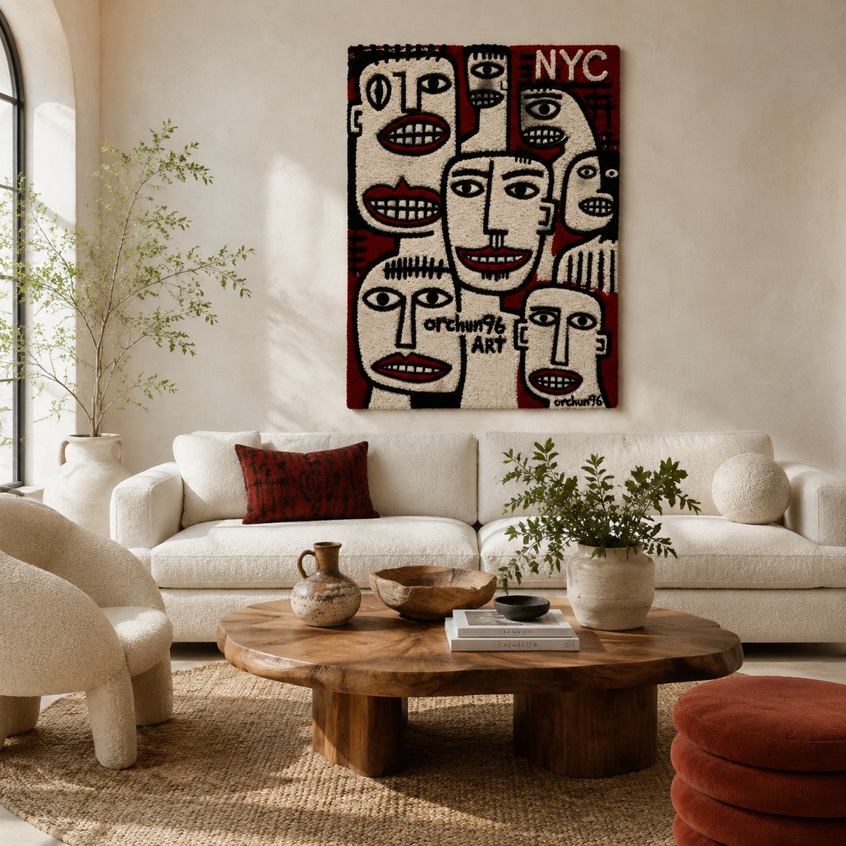 Crimson City Chorus Hewn Earth wall art featuring vibrant abstract cityscape with bold crimson and dark tones, modern home decor.