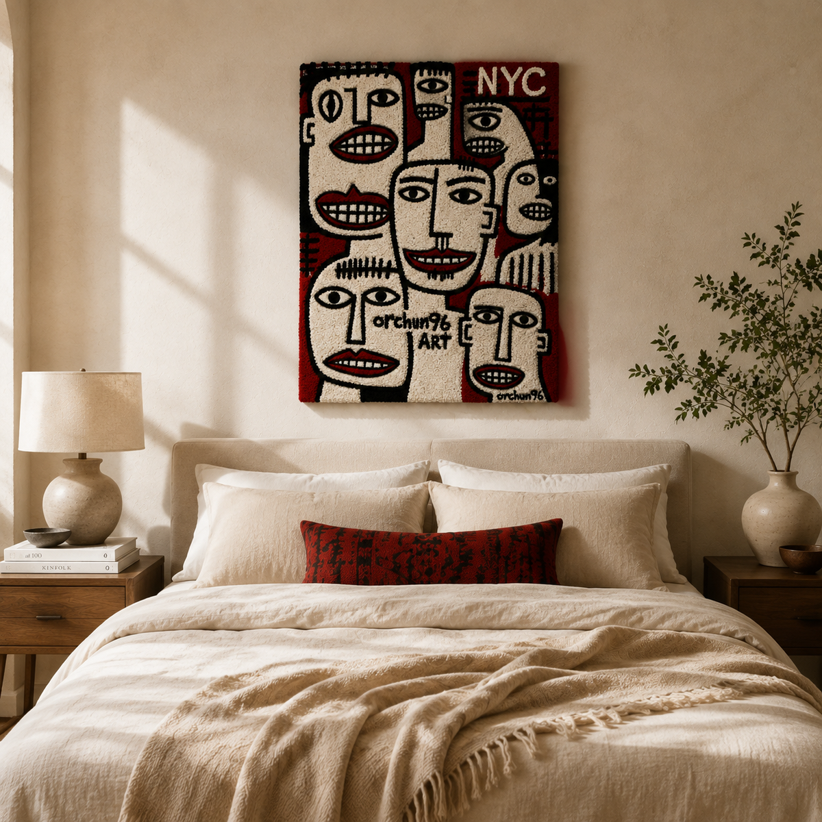Crimson City Chorus wall art by Hewn Earth featuring vibrant red and black abstract cityscape design on canvas.