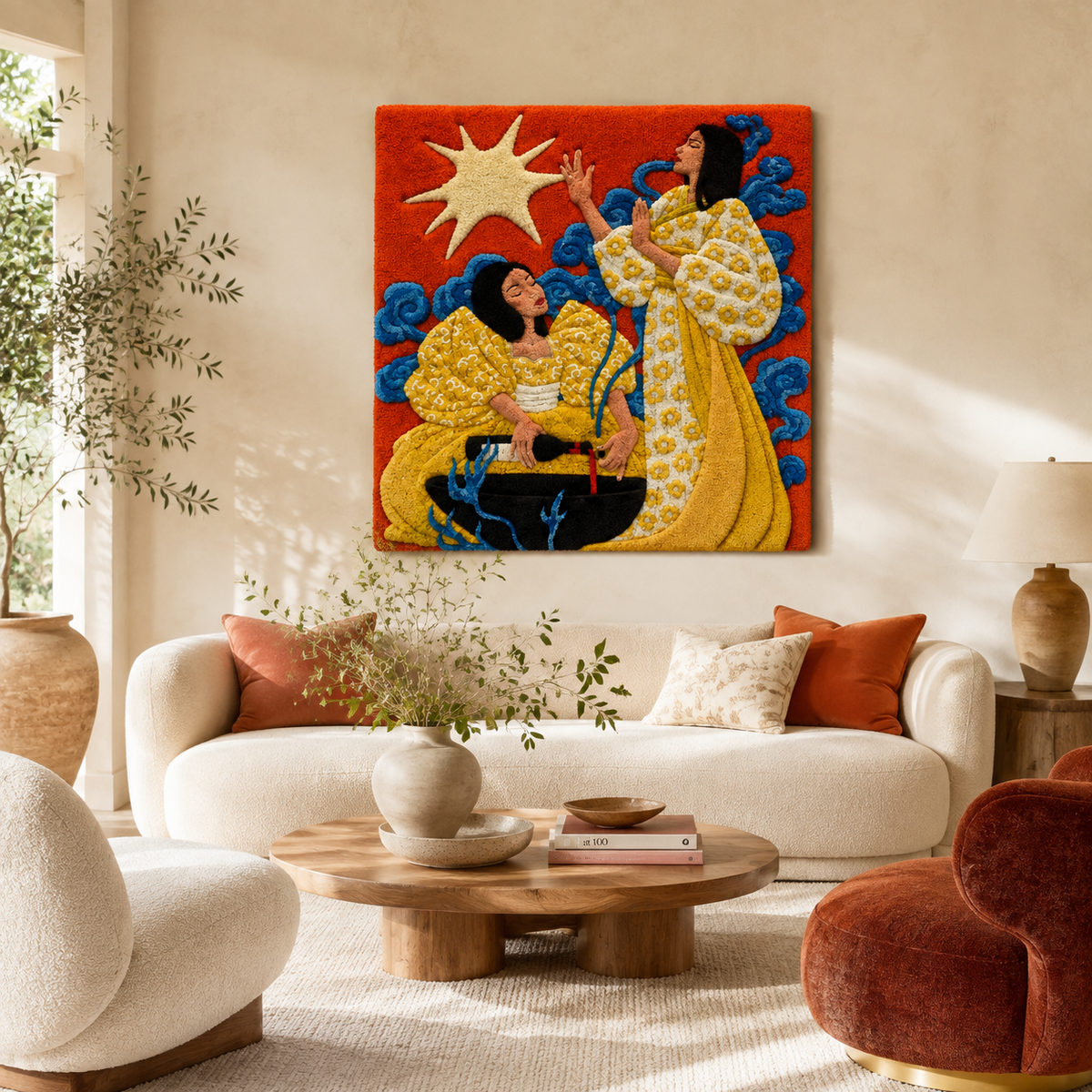 Hewn Earth Saffron Sisters wall art featuring vibrant, detailed botanical illustration on a neutral background.