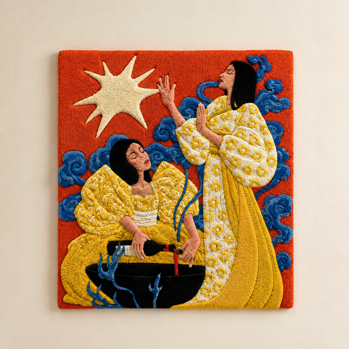Saffron Sisters wall art by Hewn Earth featuring vibrant floral design on textured canvas for home decor.