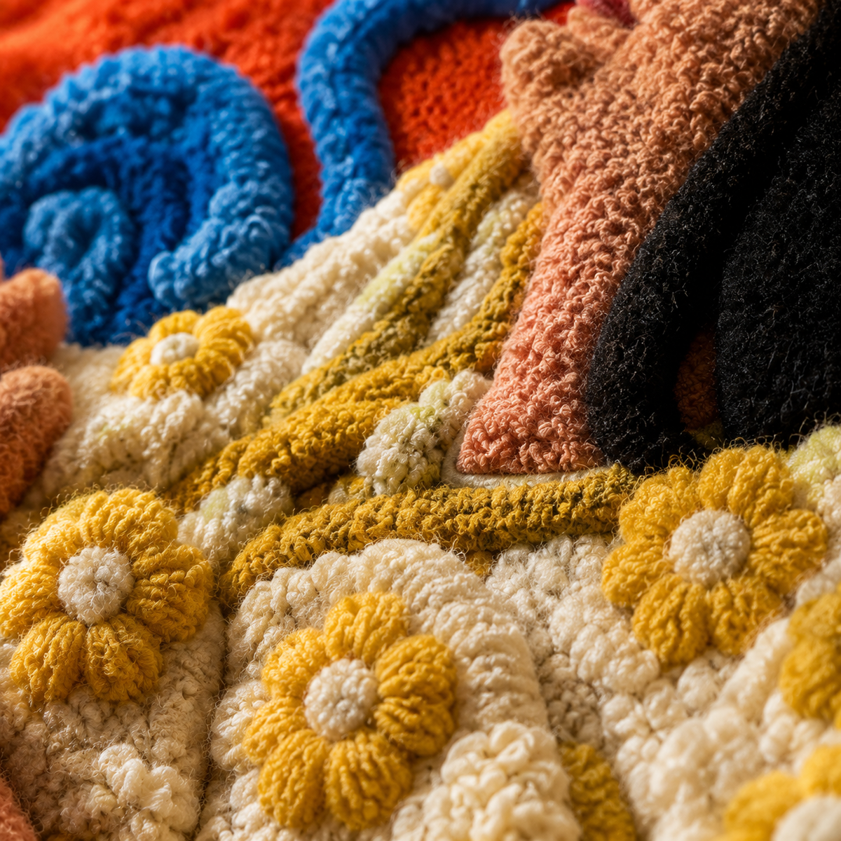 Close-up of Saffron Sisters wall art by Hewn Earth, showcasing detailed, colorful textile design on a textured background.