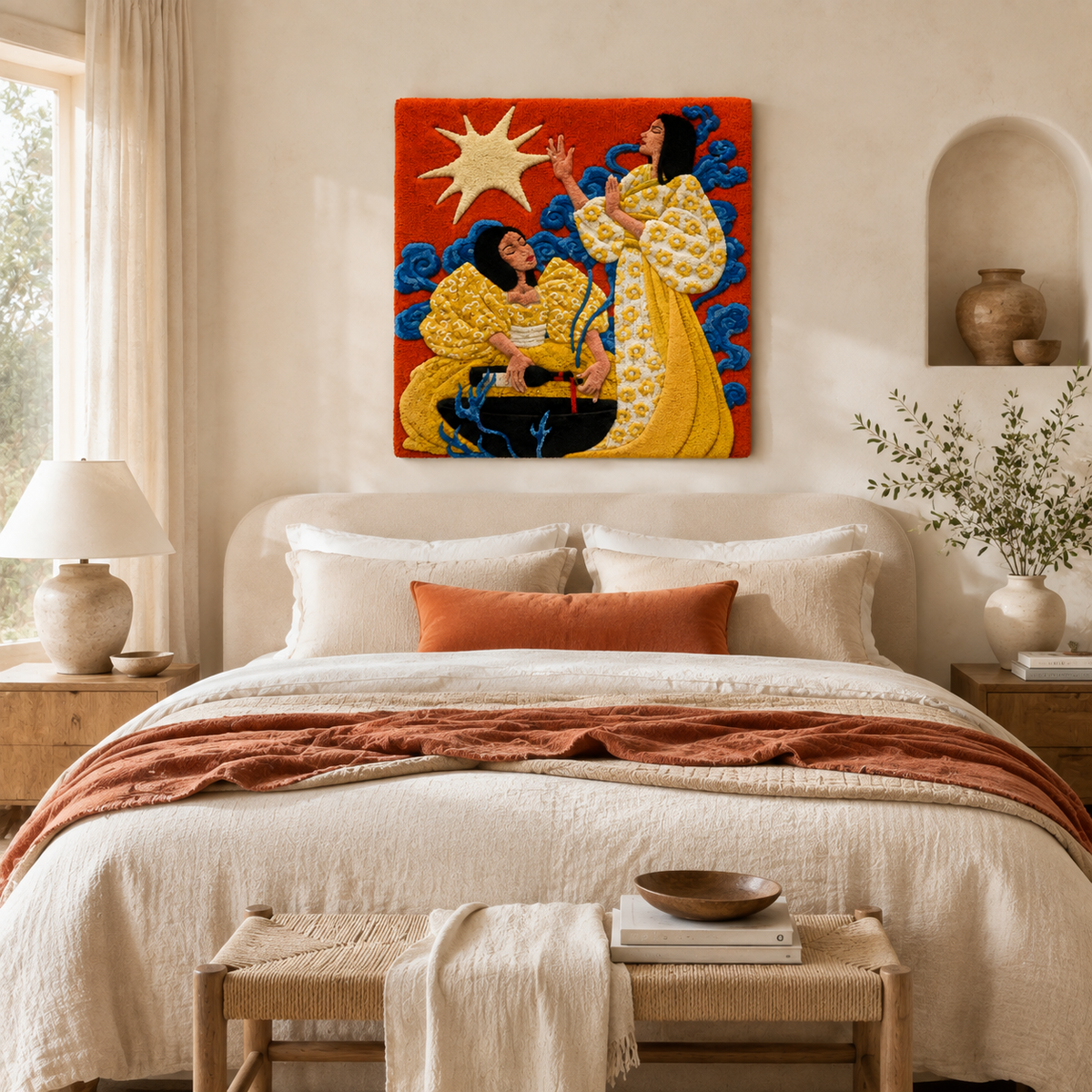 Hewn Earth Saffron Sisters wall art featuring vibrant, artistic design on textured surface, suitable for modern home decor.